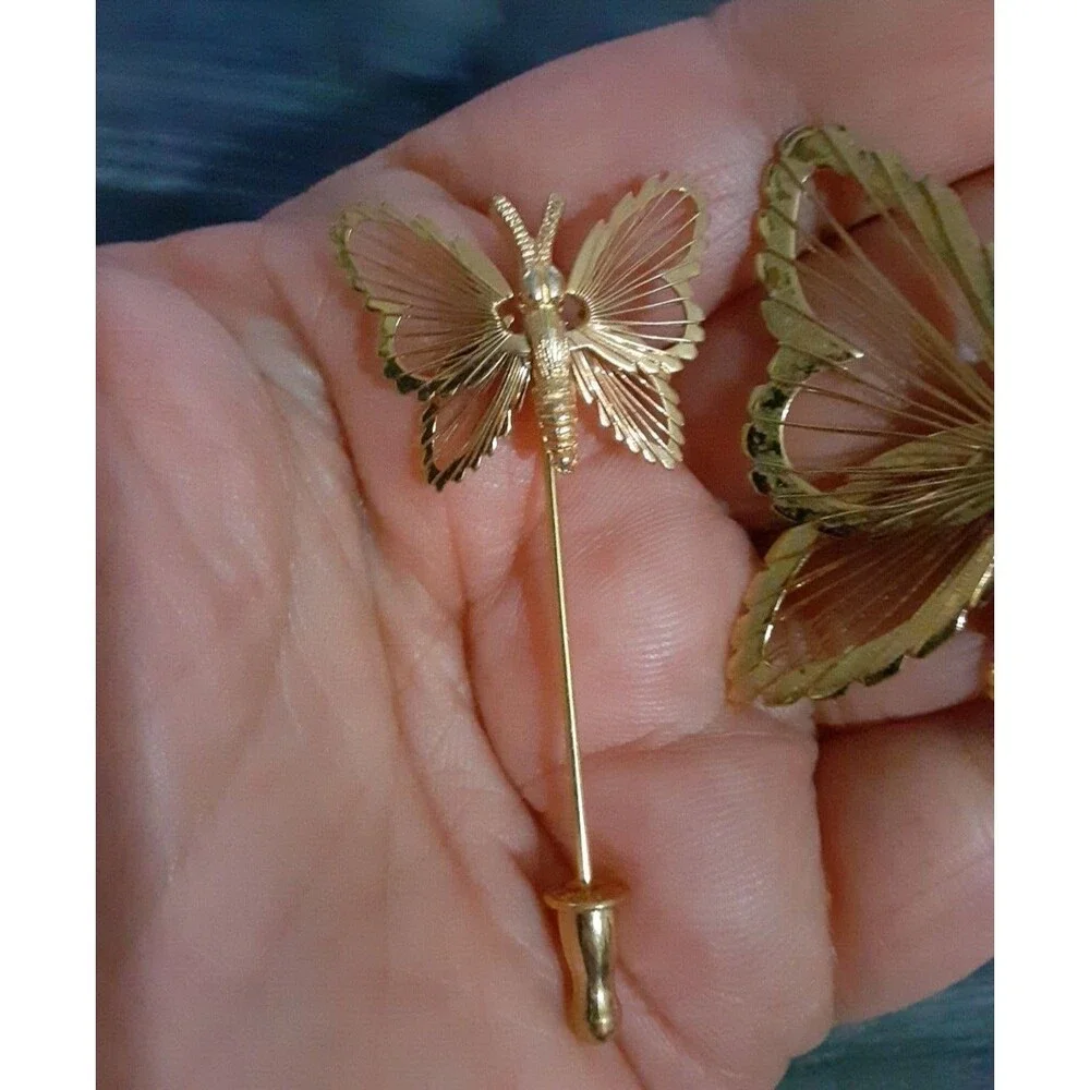 Vintage 3D Monet Filigree Butterfly Brooch Gold Tone Matching Stick Pin Set